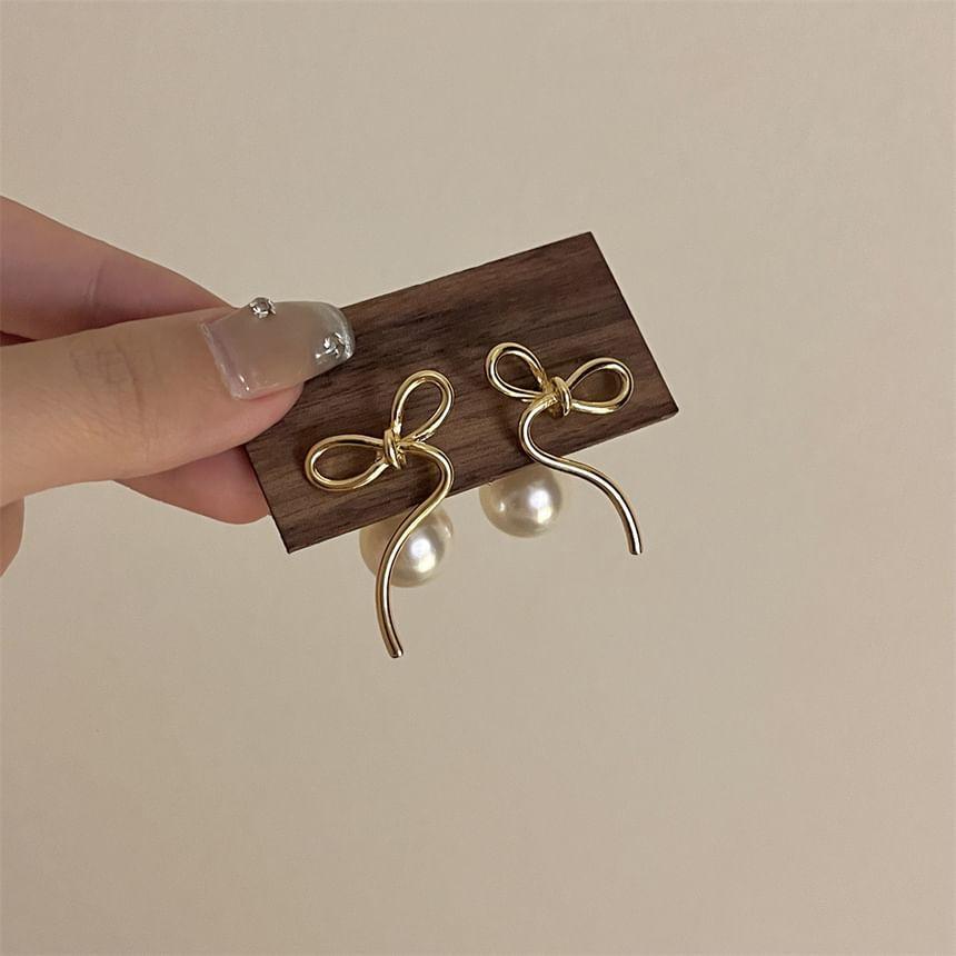 Alloy Bow Faux Pearl Earrings Product Image