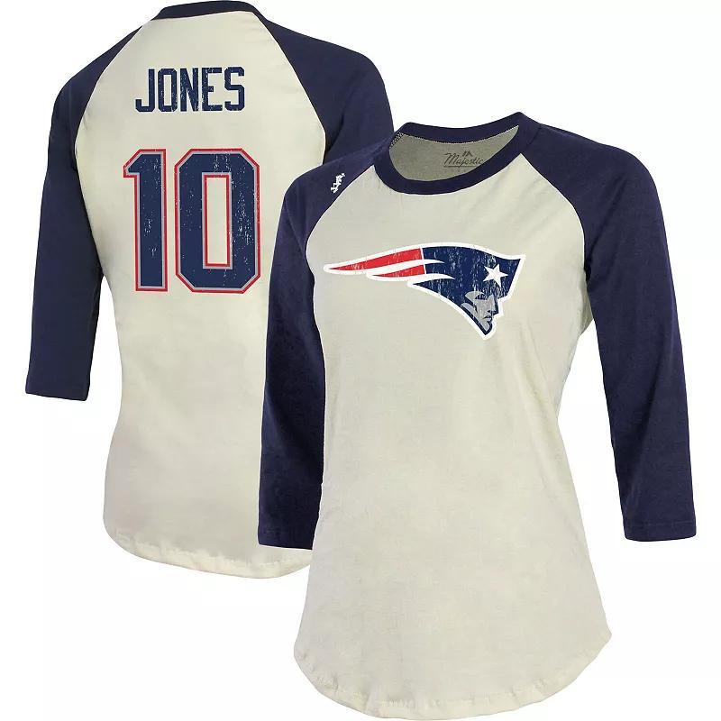 Womens Majestic Threads Mac Jones Cream New England Patriots Player Name & Number Tri-Blend Three-Quarter Sleeve T-Shirt Product Image