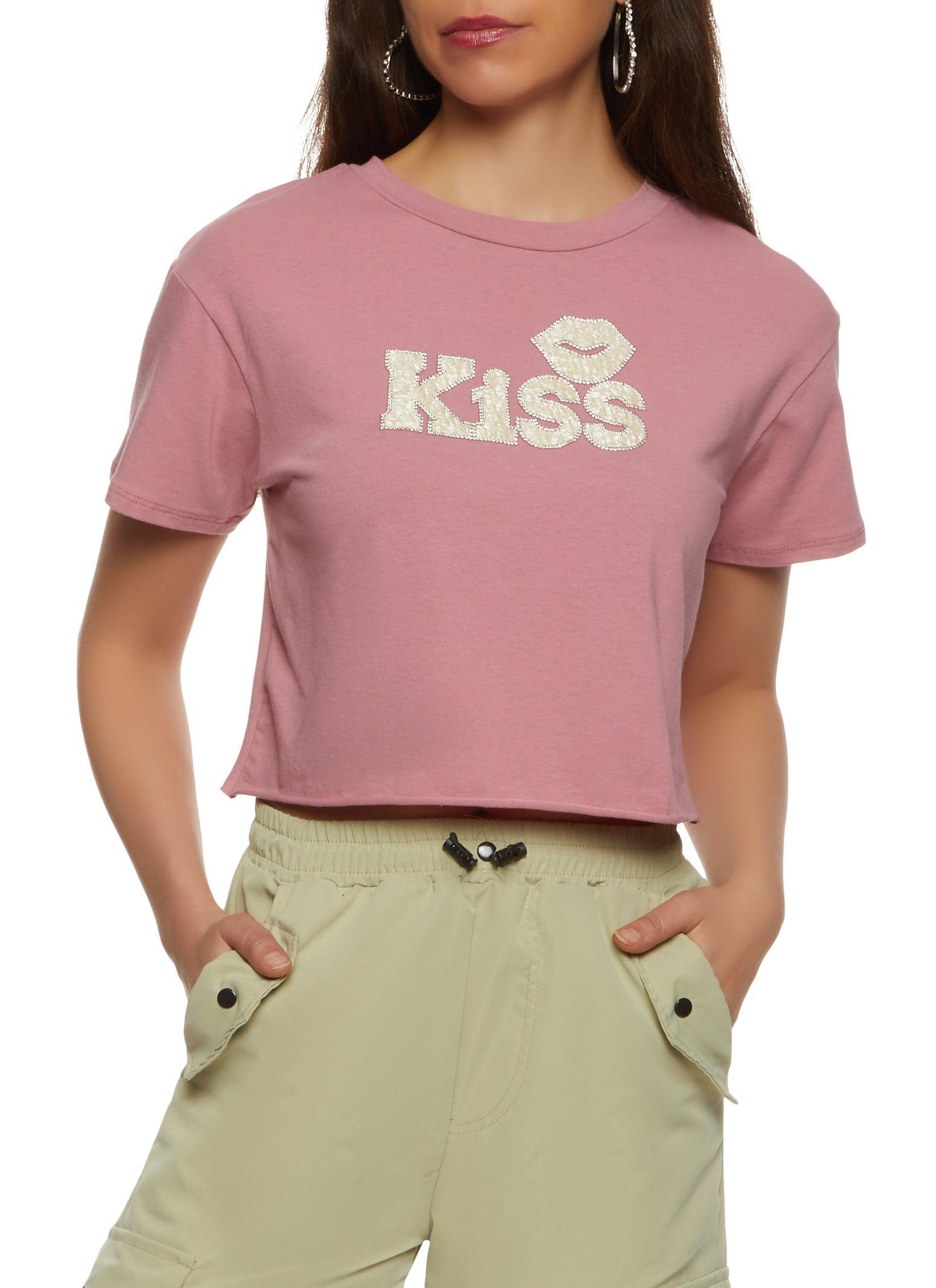 Womens Rhinestone Kiss Cropped T Shirt Product Image