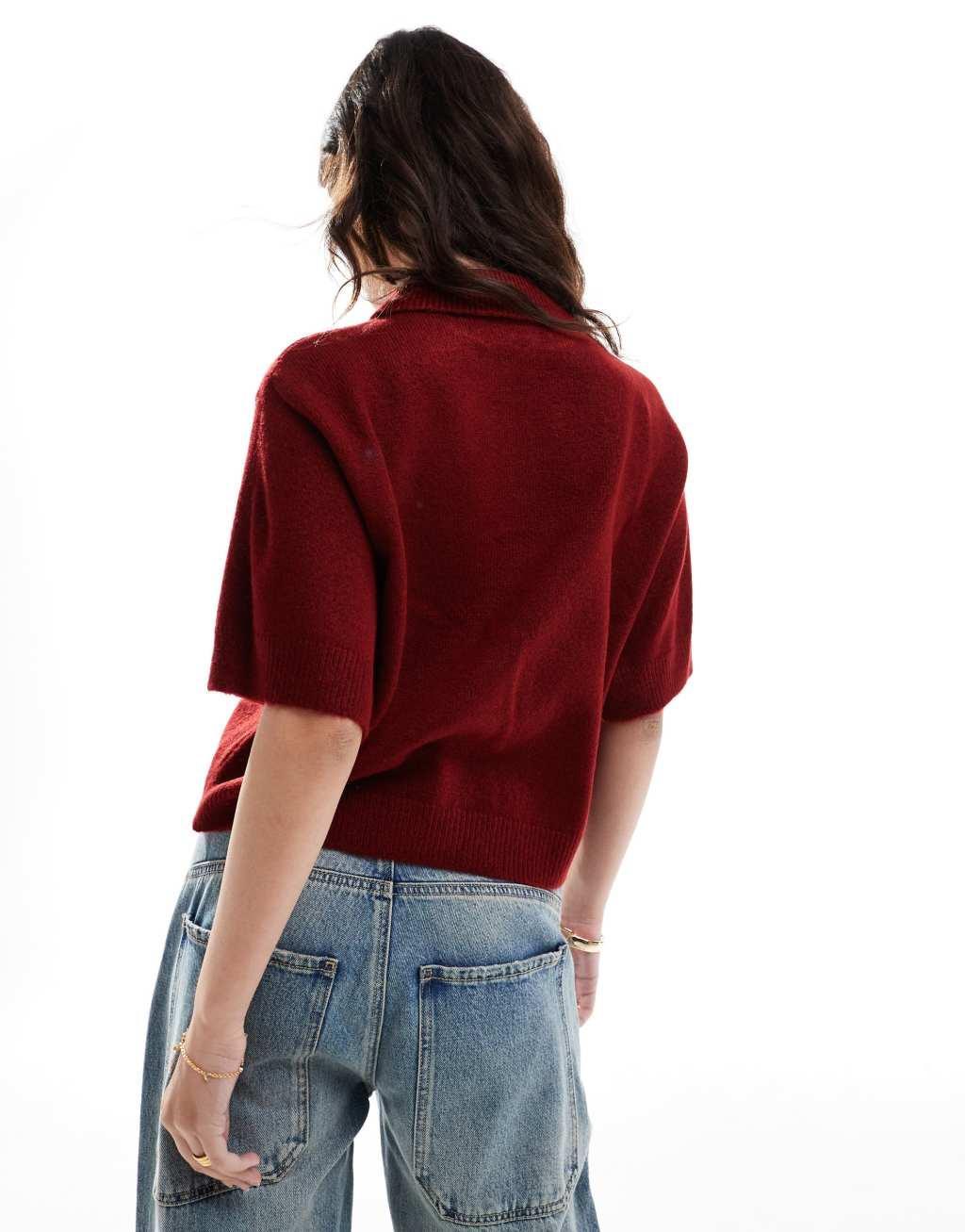 ASOS DESIGN knit shirt collar short sleeve cardigan in burgundy Product Image