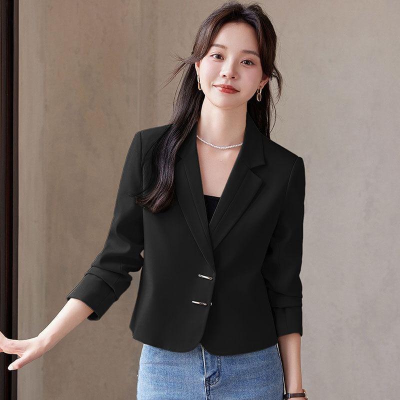 Lapel Neck Plain Cropped Button Blazer Product Image