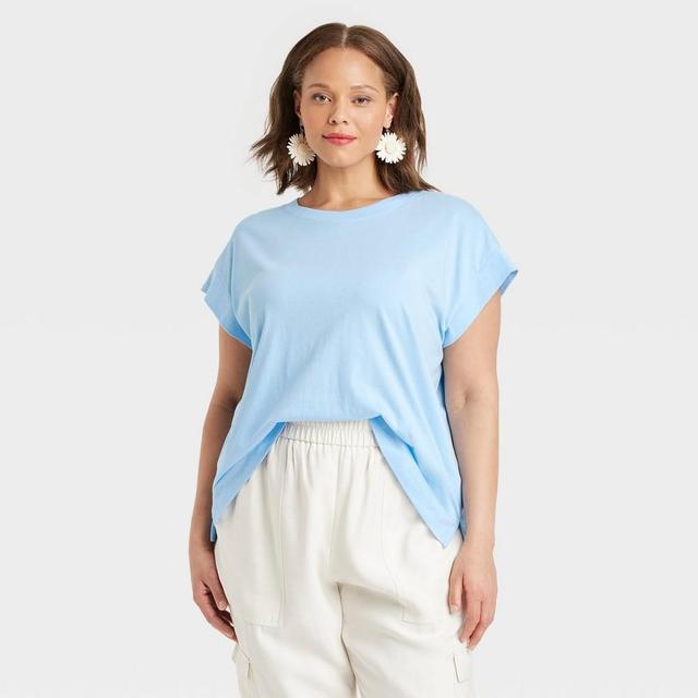 Womens Short Sleeve Extended Shoulder T-Shirt - A New Day Light Blue 1X Product Image