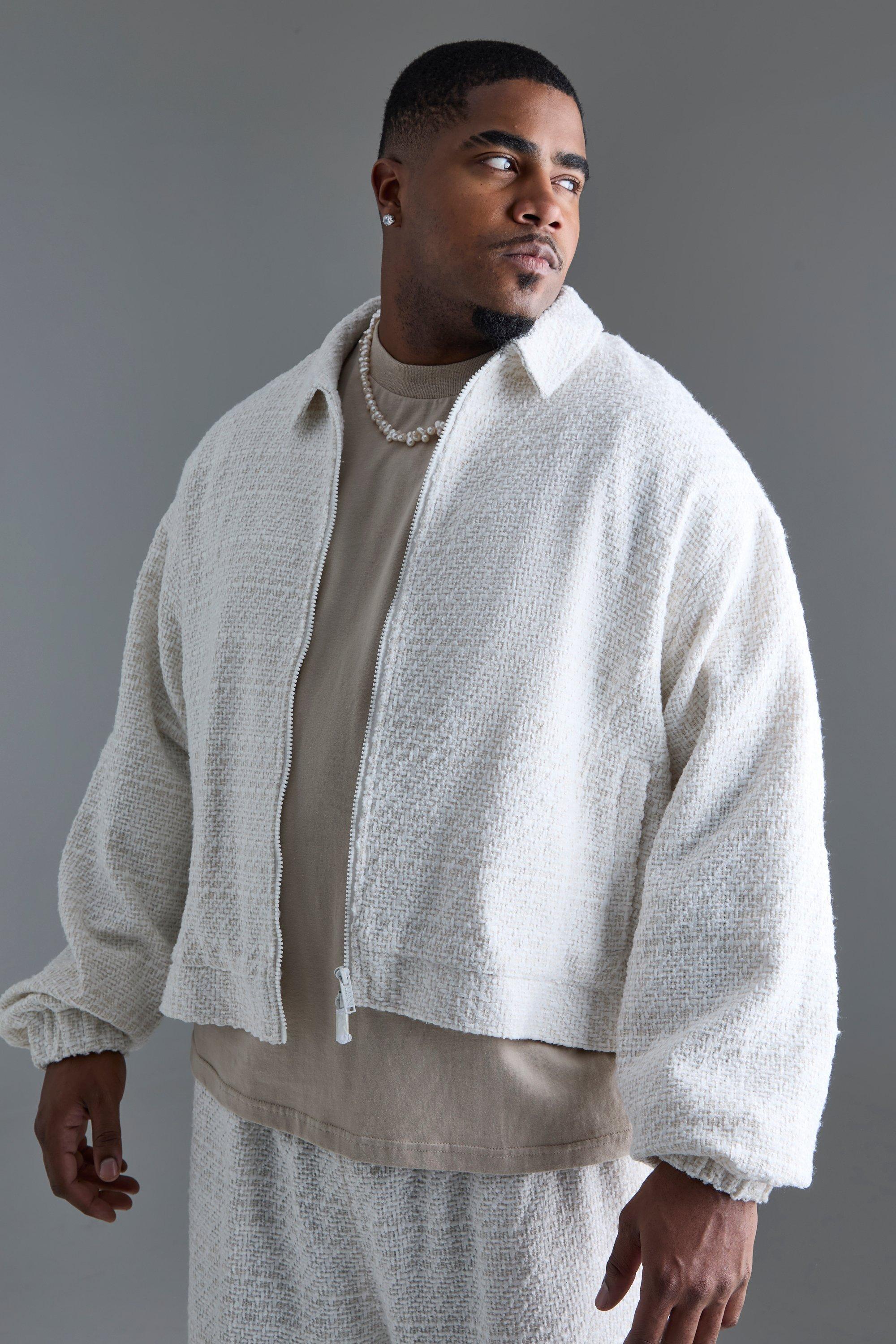 Mens White Plus Oversized Boxy Boucle Zip Through Jacket, White Product Image