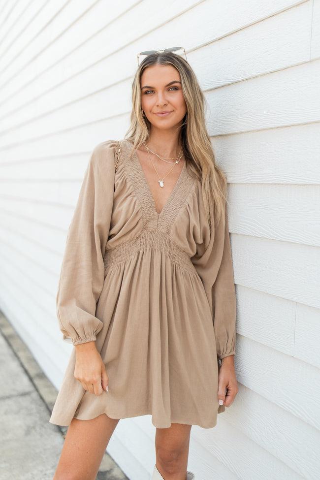 My Only Choice Taupe Deep V Babydoll Mini Dress Product Image