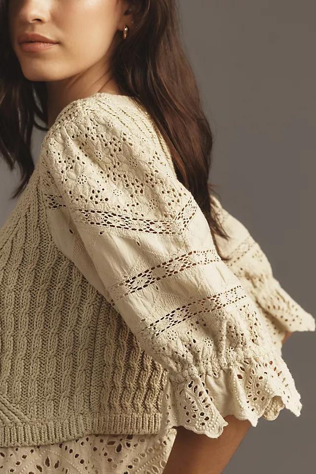 By Anthropologie Short-Sleeve Lace Peplum Sweater Product Image