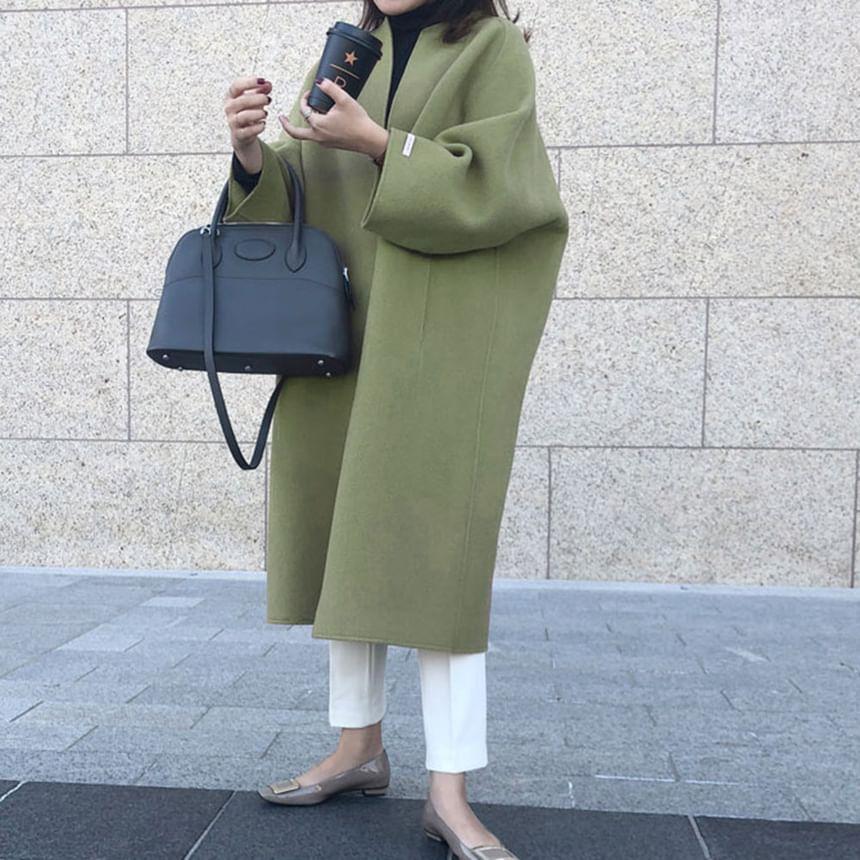 Collarless Plain Open Front Long Coat Product Image