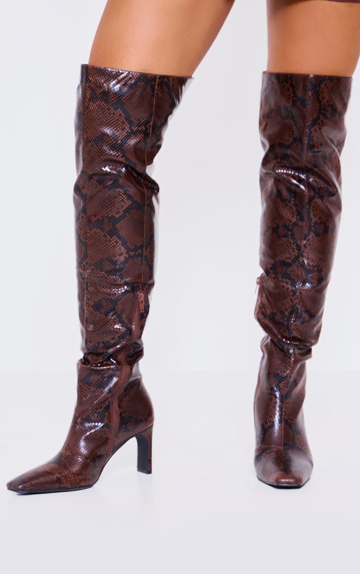 Snake PU Point Toe Over The Knee Heeled Boots Product Image