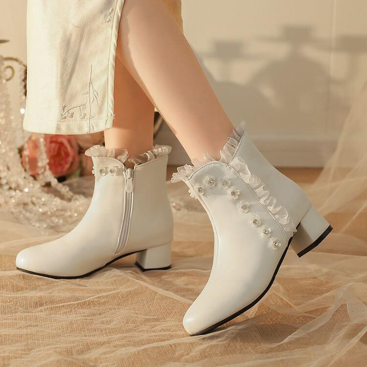 Flower Detail ruffle Chunky Heel Short Boots Product Image