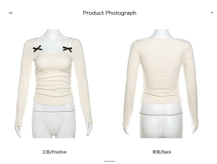 Long-Sleeve Square Neck Plain Bow Accent Cutout Ruched Ribbed Slim Fit Crop T-Shirt Product Image