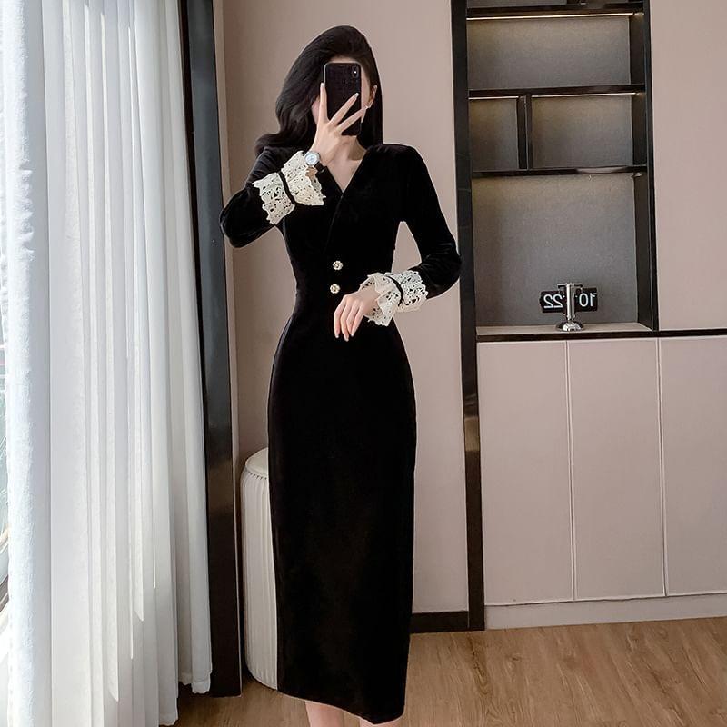 Long-Sleeve V-Neck Lace Trim Midi Sheath Dress Product Image