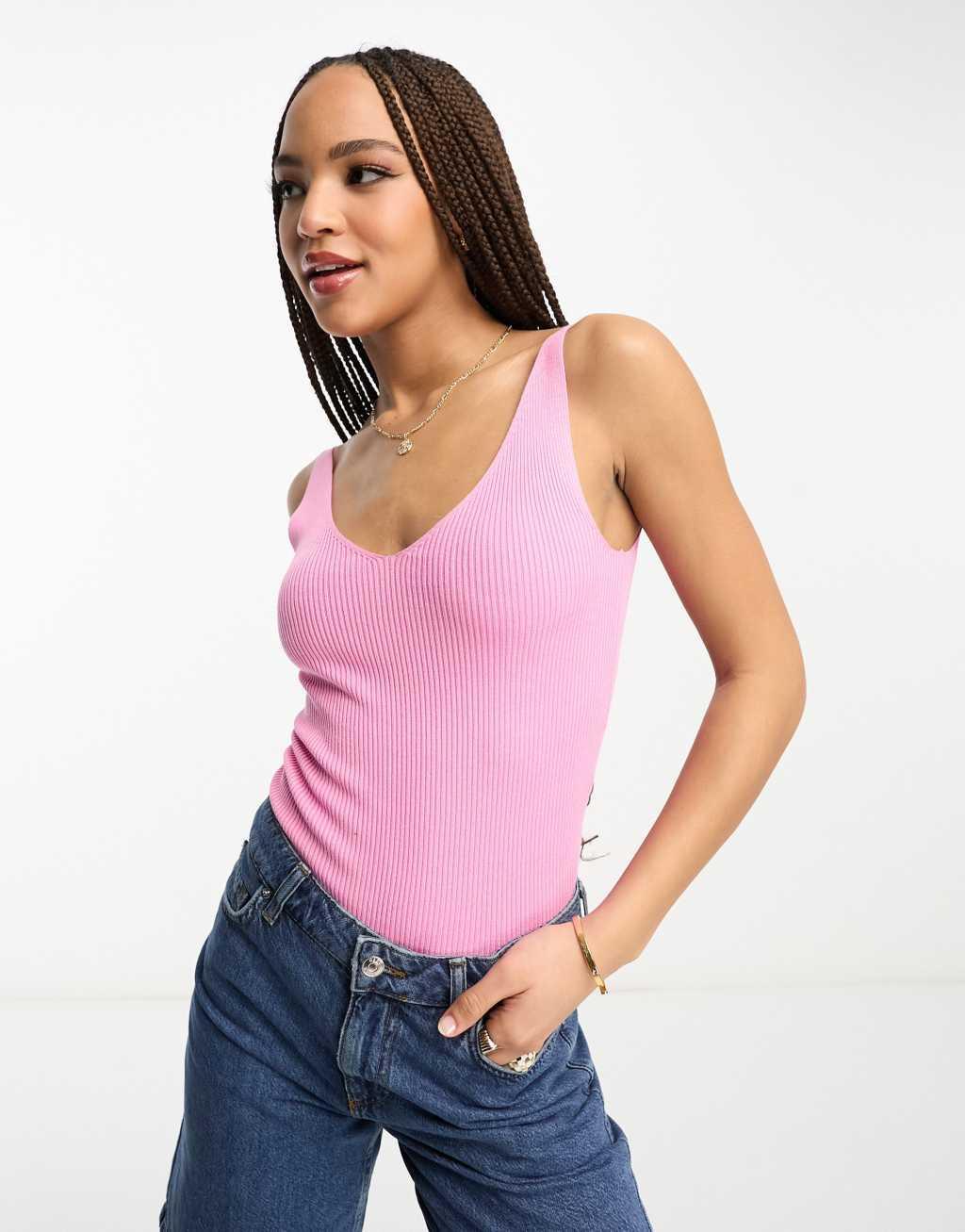 JDY v neck knitted tank top in light pink Product Image