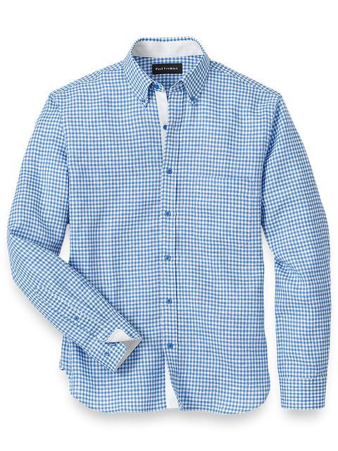 Linen Gingham Check Casual Shirt - Blue Product Image