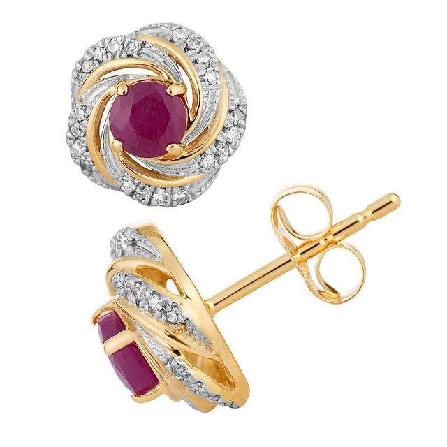 10k Gold Ruby & 1/8 Carat T.W. Diamond Swirl Stud Earrings, Womens Product Image