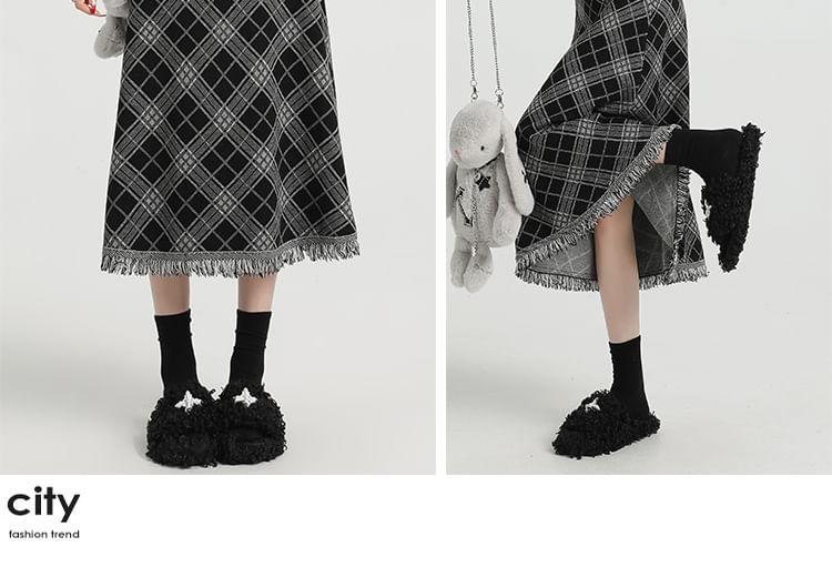 High Waist Plaid Midi A-Line Skirt Product Image