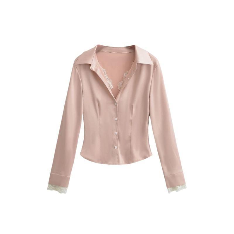 Long Sleeve Collared Panel Lace Satin Shirt Product Image