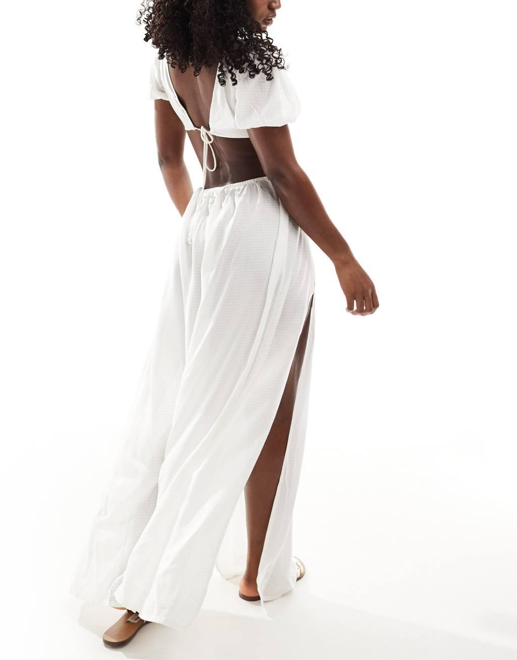 ASOS DESIGN puff sleeve cut out maxi beach dress with ring detail in white Product Image