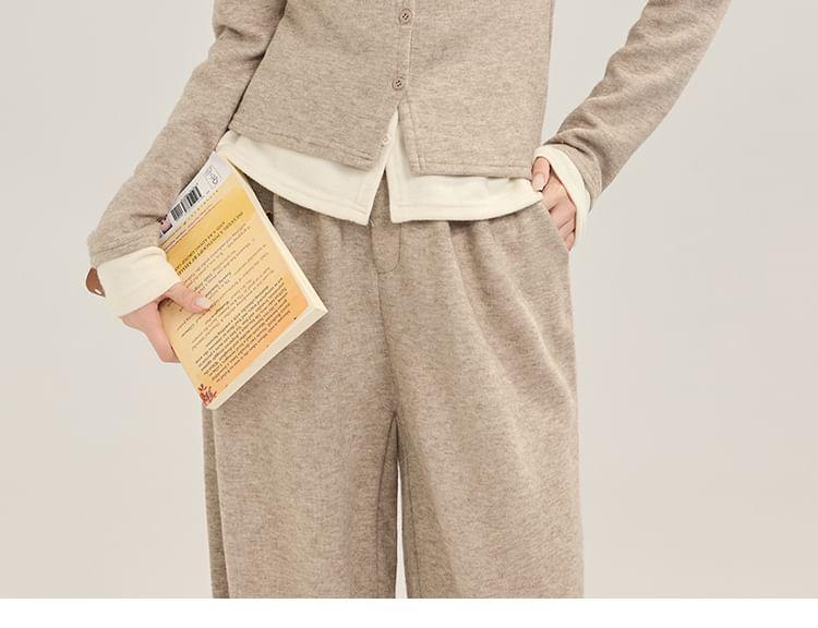 Set: Button-Up Plain Cardigan + High Waist Wide Leg Pants Product Image