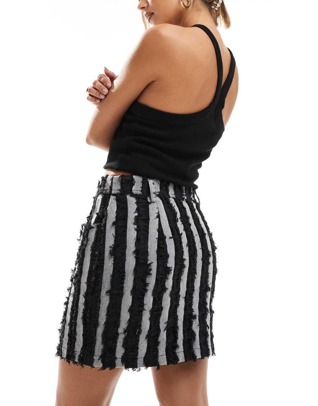 Object raw denim stripe mini skirt in washed black Product Image