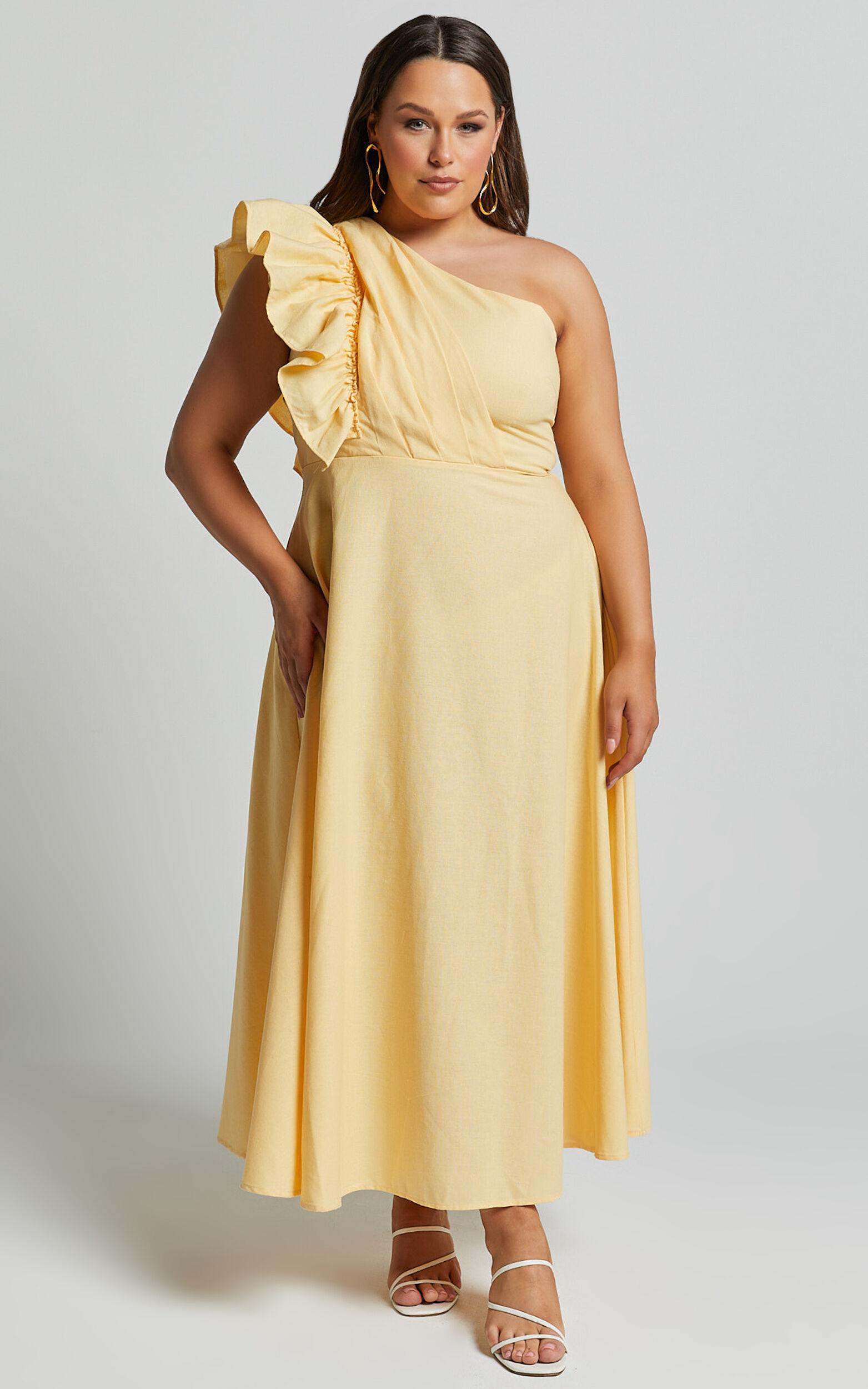 Dixie Midi Dress - Linen Look One Shoulder Ruffle Dress in Lemon Product Image