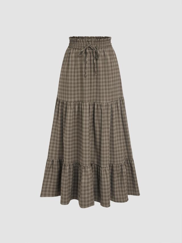 Elastic Waist Check Knotted Tiered Maxi Skirt Product Image