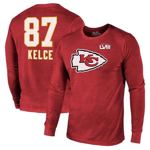 Mens Majestic Threads Travis Kelce Kansas City Chiefs Super Bowl LVIII Name & Number Tri-Blend Long Sleeve T-Shirt Product Image