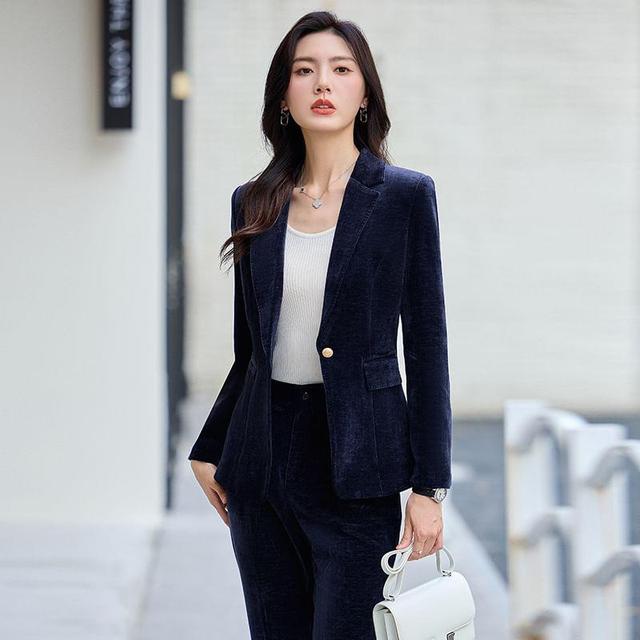 Notch Lapel Plain Velvet Single Breasted Blazer / High Rise Flared Slacks / Set Product Image