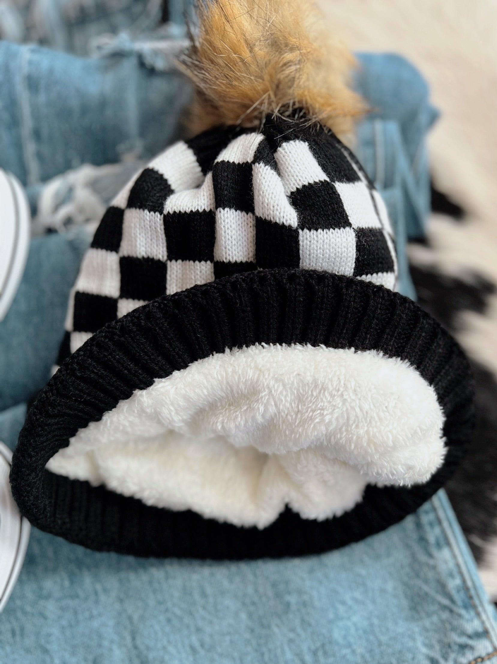 Fleece Lined Black & White Checkered Beanie Product Image