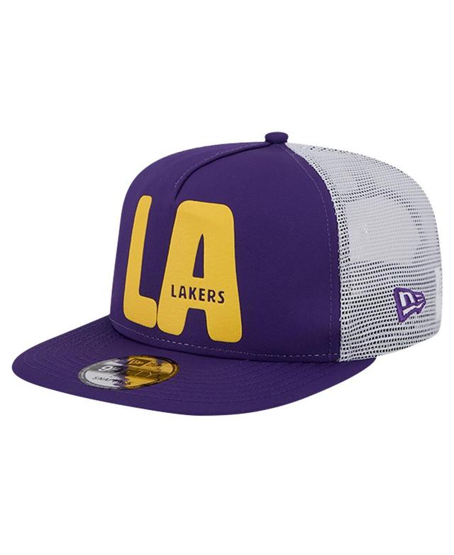 New Era Mens Purple Los Angeles Lakers Puff Print Team Code A-Frame 9FIFTY Trucker Snapback Hat Product Image