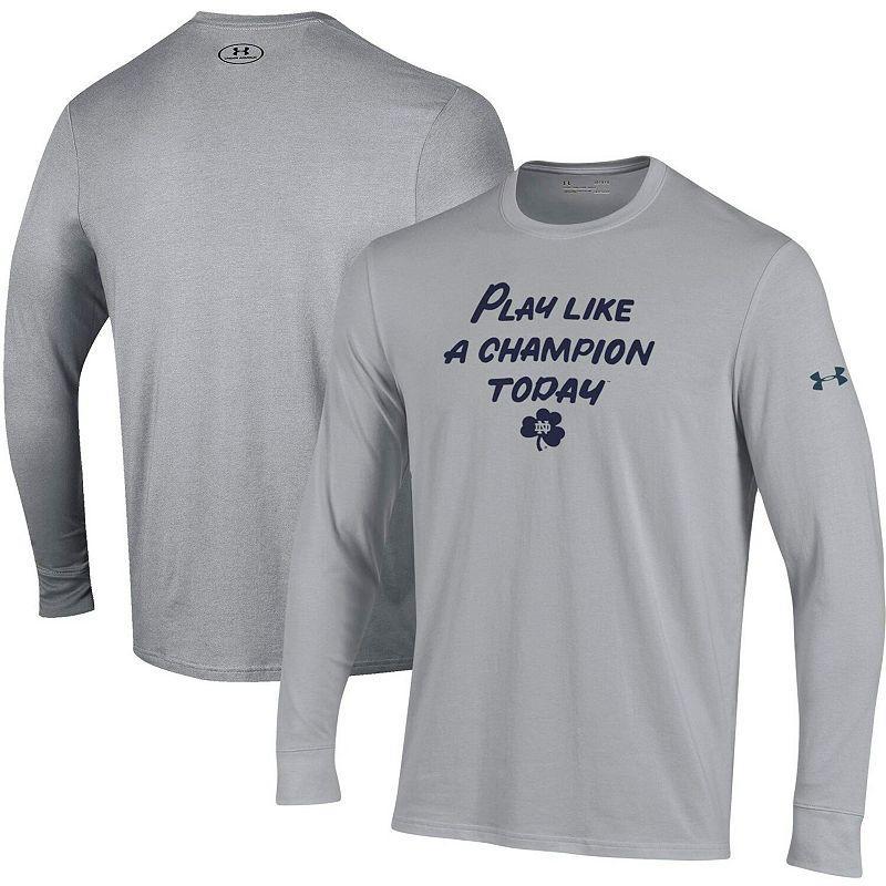 Mens Under Armour Heathered Gray Notre Dame Fighting Irish Play Like A Champion Today Cotton Long Sleeve Performance T-Shirt Product Image