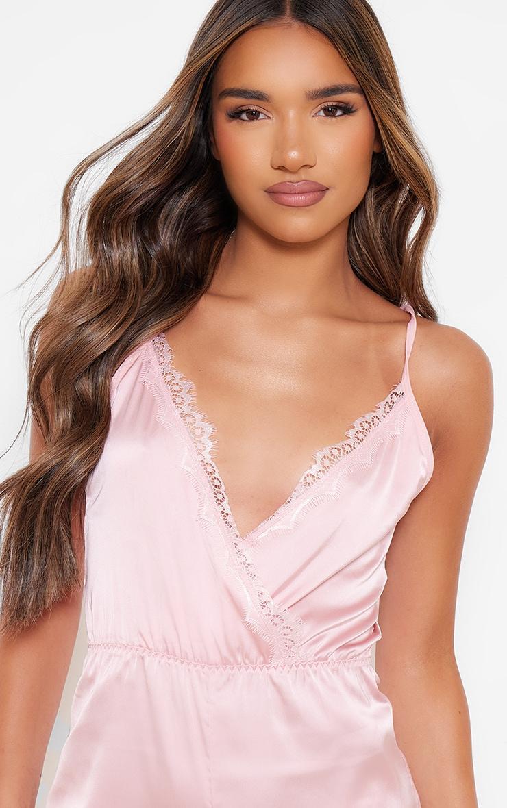 Pink Satin Lace Trim Romper Product Image