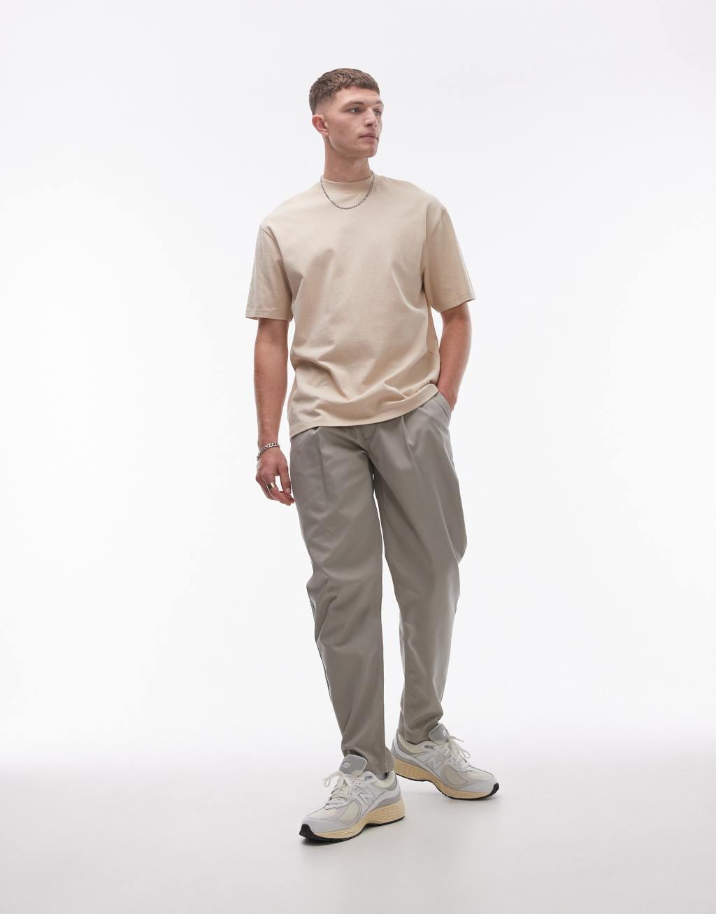 Topman twin pleated tapered pants in stone Product Image