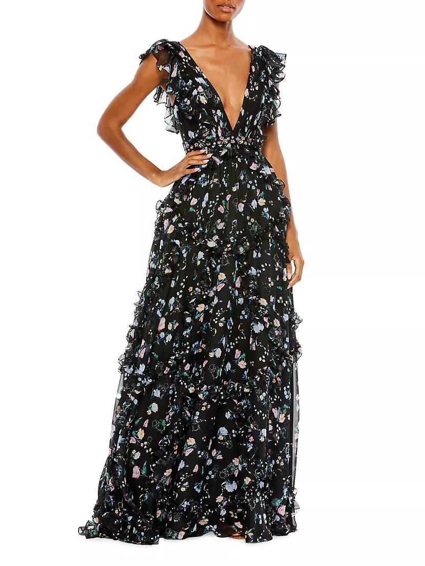 Ieena Floral Ruffle V-Neck Gown Product Image