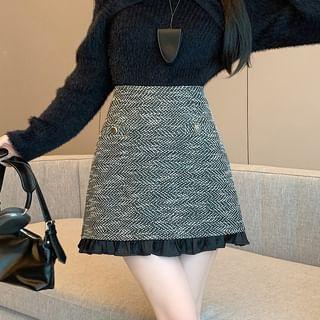 High Waist Frill Trim Tweed Mini A-Line Skirt Product Image