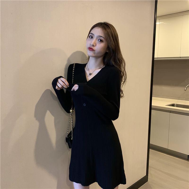 Long Sleeve V-Neck Plain Button Knit Mini A-Line Dress Product Image