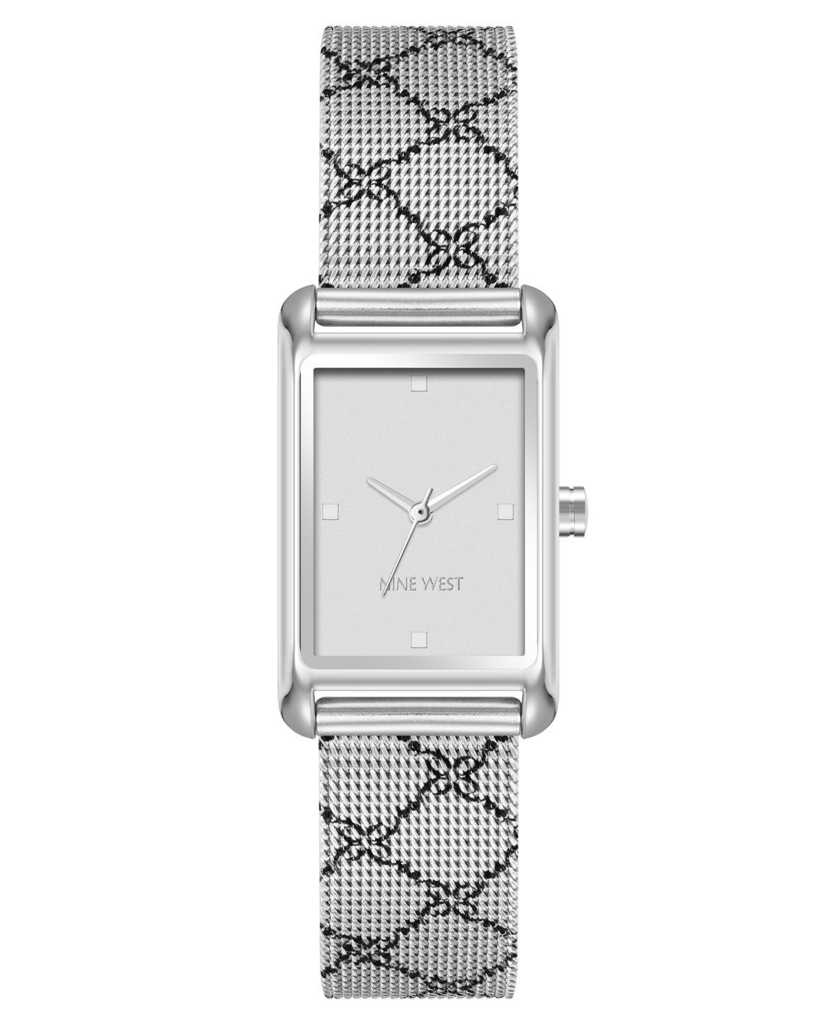 Nine West Womens Quartz Silver-Tone Stainless Steel Mesh with Black Pattern Watch, 22mm - Black, Silver-Tone Product Image