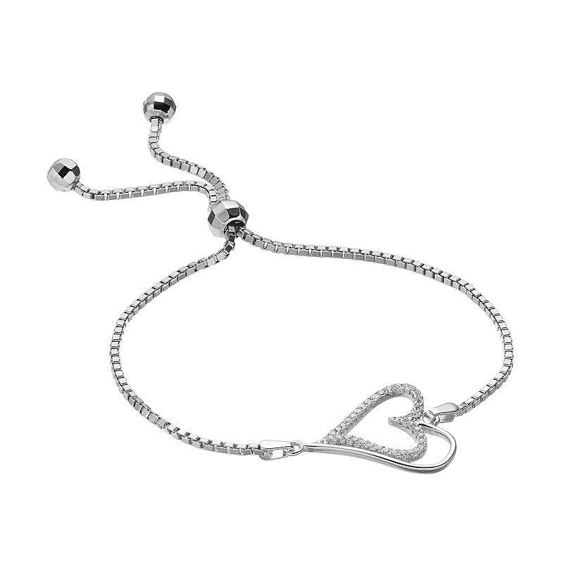 Sterling Silver Cubic Zirconia Heart Bolo Bracelet, Womens White Product Image