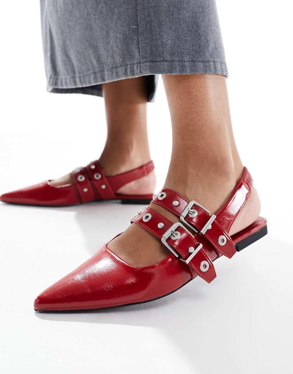 Stradivarius buckle detail slingback ballet shoes in red Product Image