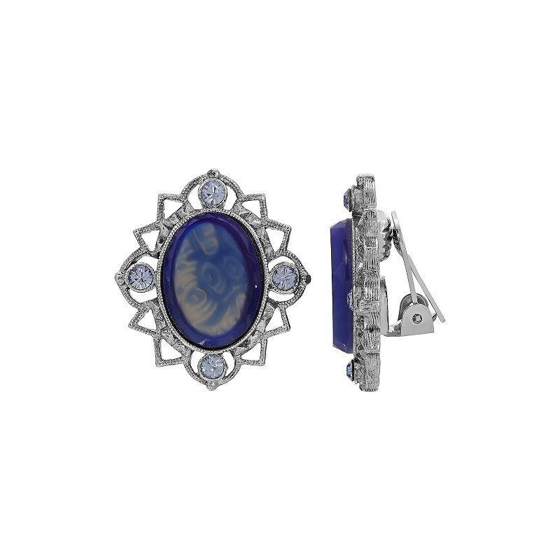 1928 Filigree Oval Glass Stone Clip-On Earrings, Womens, Blue Product Image