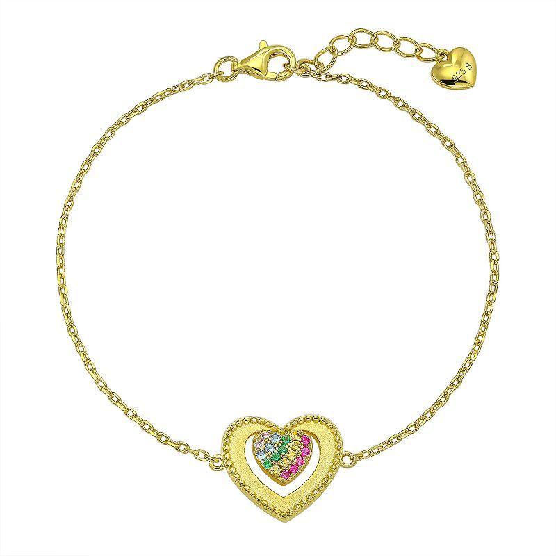 14k Gold Over Sterling Silver Rainbow Cubic Zirconia Heart Bracelet, Womens Gold Tone Product Image