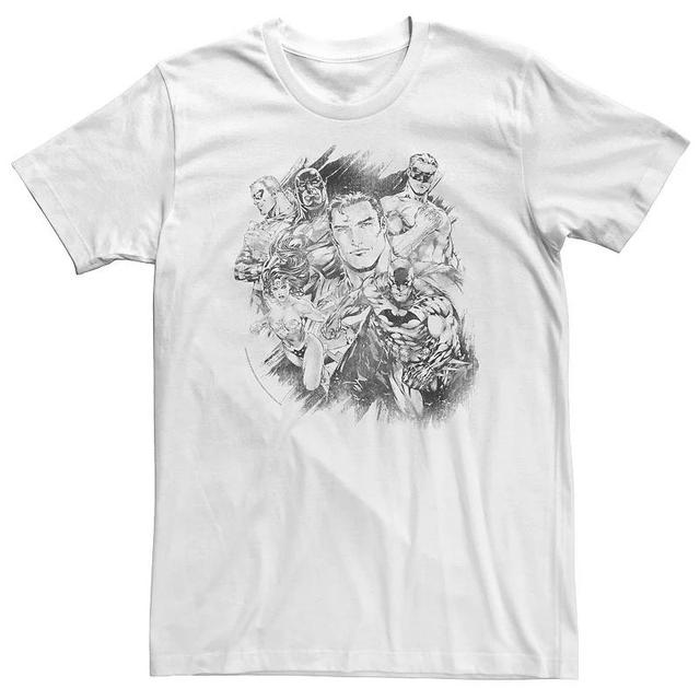 Big & Tall DC Comics Justice League Group Shot Black & White Sketch Tee, Mens Med Grey Product Image