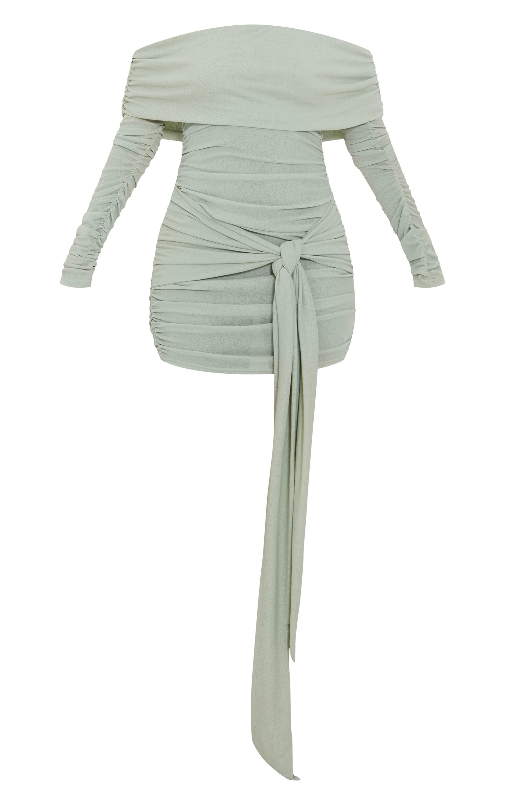 Petite Sage Green Bardot Slinky Extreme Ruched Mini Dress Product Image