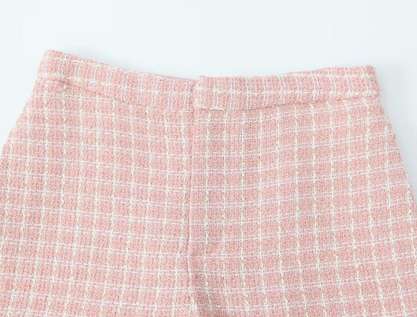 Round Neck Tweed Button Jacket / High Waist Shorts Product Image