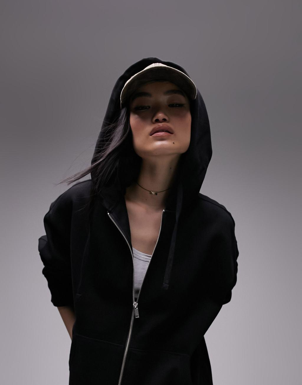 Topshop premium zip through over size hoodie in black Product Image