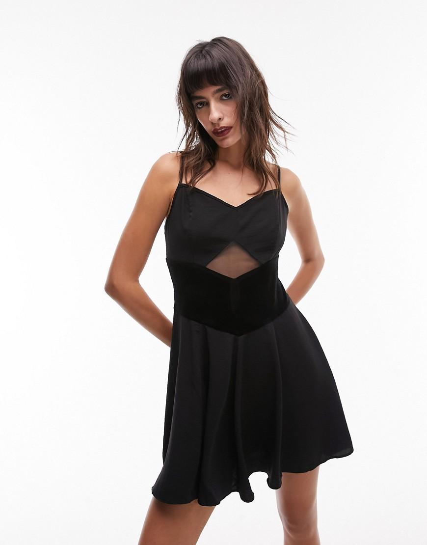 Topshop velvet and cut-out mesh mix flippy strappy mini dress in black Product Image