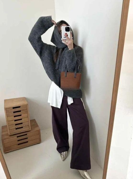 Long Sleeve Plain Loose-Fit Hooded Knit Top Product Image