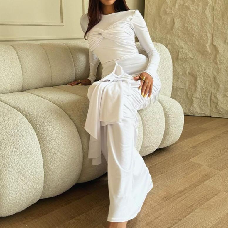 Long-Sleeve Crewneck Ruffle Plain Maxi Mermaid Dress Product Image