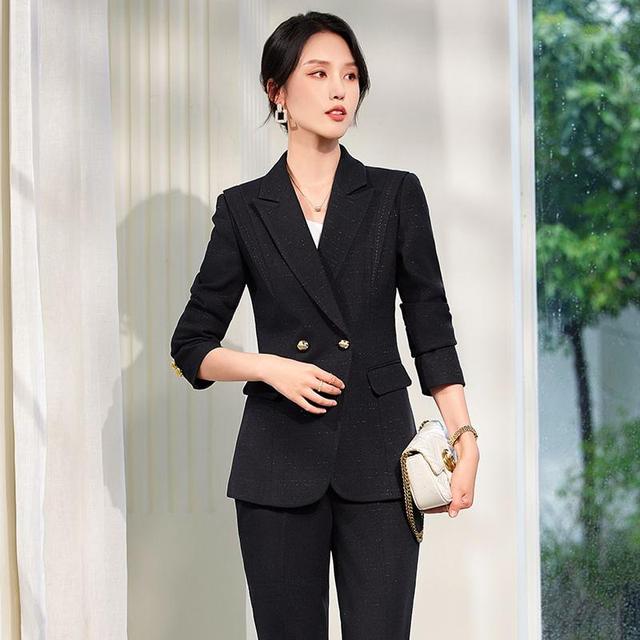 Peak Lapel Plain Double-Breasted Blazer / High Rise Bootcut Suit Pants / Set Product Image