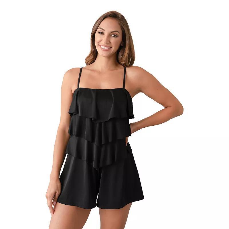 Plus Size Fit 4 U Solid Ruffle Tiered Sleeveless Swim Romper, Womens Product Image