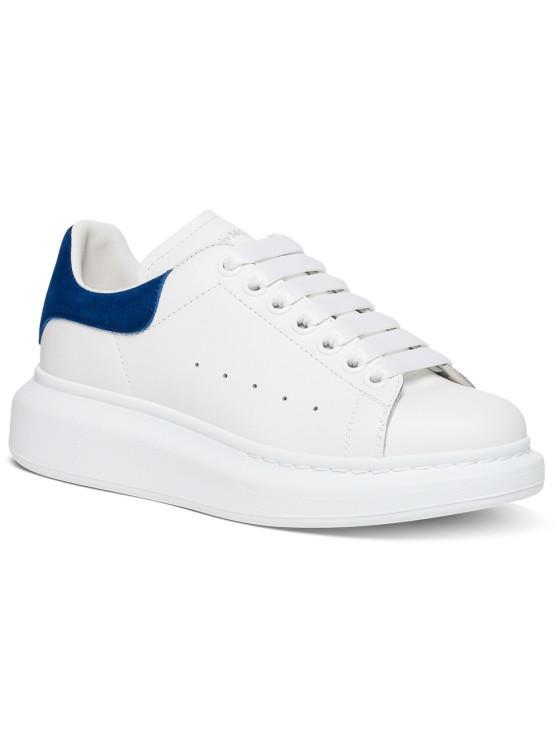 Mans Oversize White Leather Sneakers With Blue Heel And Logo Product Image