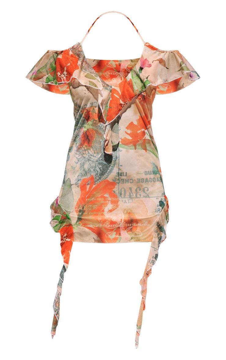 Petite Beige Floral Print Frilled Mini Dress Product Image